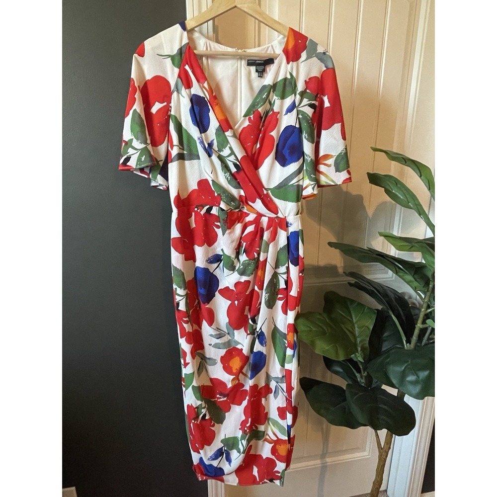 Maggy London Floral Wrap Midi Dress 8 V-Neck Flutter Sleeve Spring Summer Modest